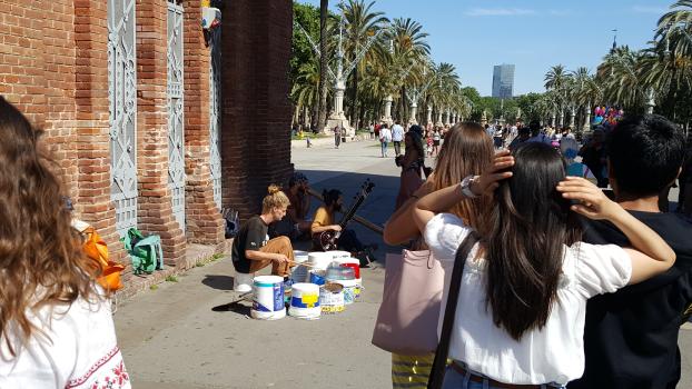 street musicians at the Arc de Triomf monument in Catalonia's capital city, Barcelona
