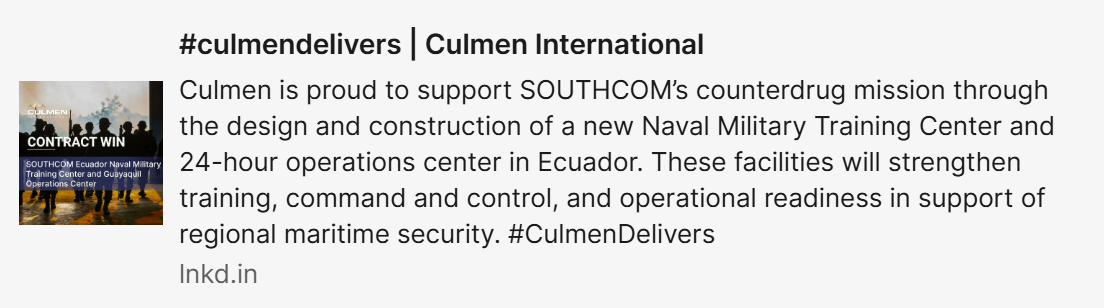 Preserved Culmen LinkedIn announcement about a SOUTHCOM counterdrug project in Ecuador.
