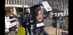 Leila de Lima figure about to be jailed at the demo in front of the Philippine Embassy Wednesday. (Bran SantosTwitter)