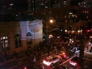 Prop 19 logo projected onto stadium side, World Series game, spotted Thursday night (twitpic.com/31xdog)